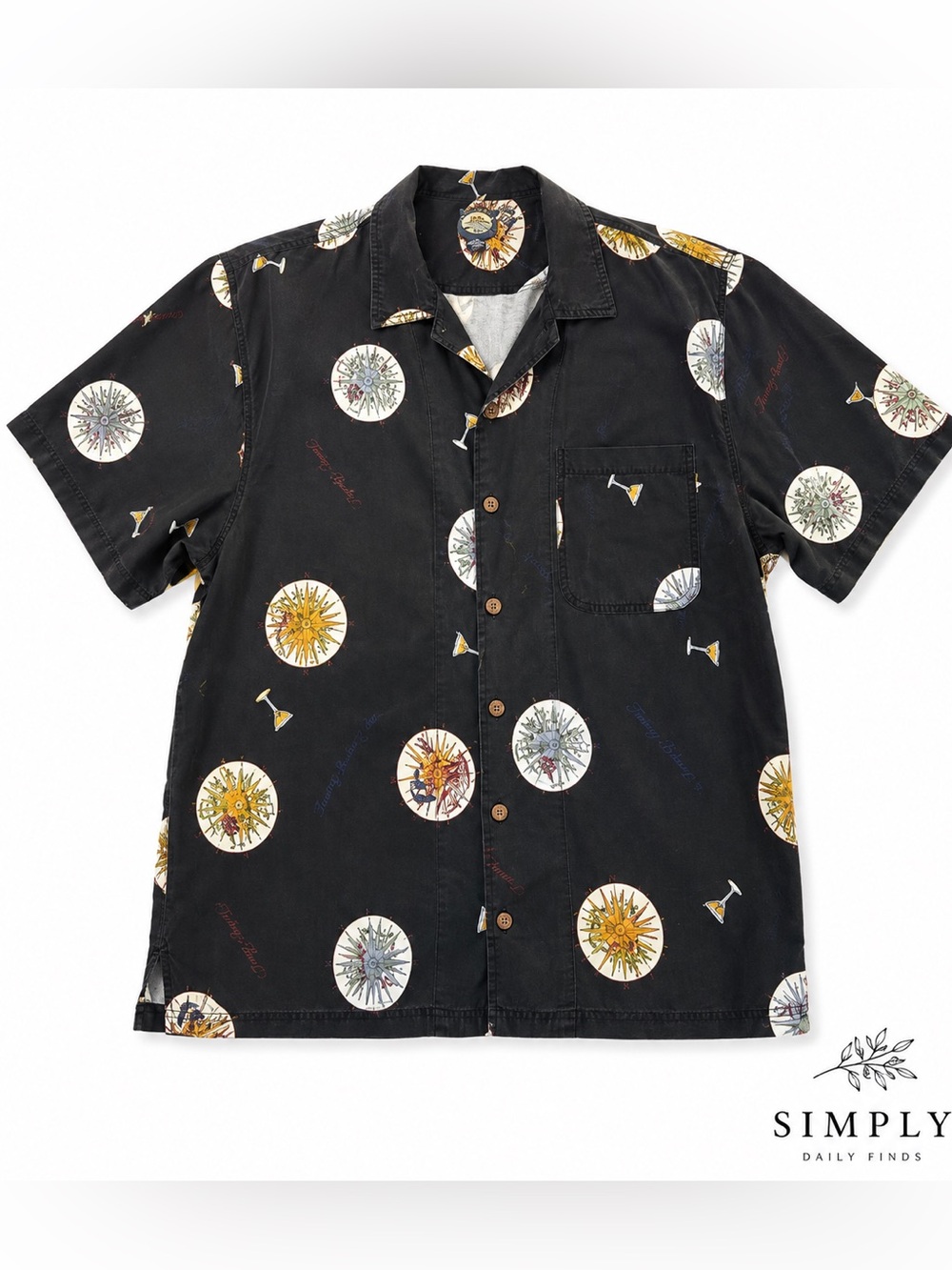 Tommy Bahama Black Short-Sleeve Button-Down with Compass & Cocktail Motifs